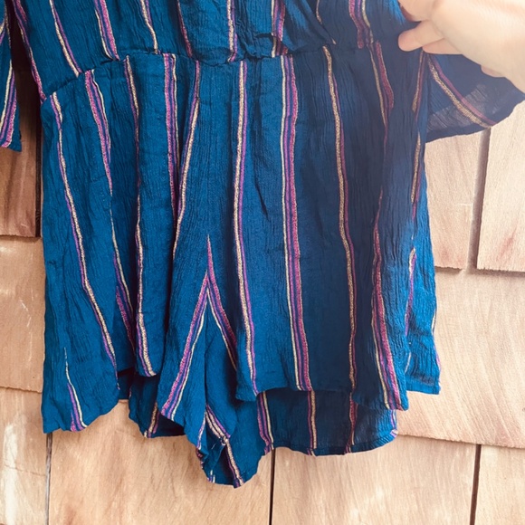 Elan 3/4 Sleeve Faux Wrap Surplice Stripe Pink Romper In Blue Viscose  Size L - Picture 10 of 16